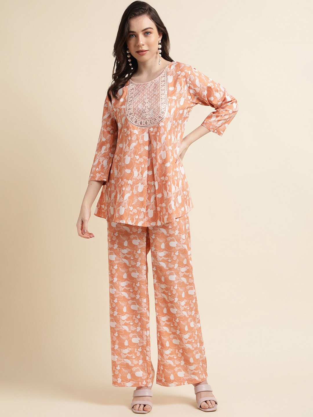 

HERE&NOW Floral Printed Tunic Thread Work With Trouser Co-Ords, Orange