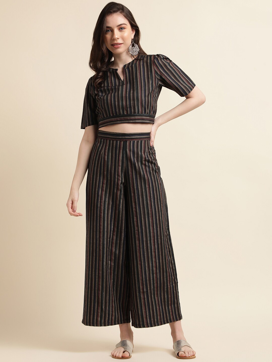 

HERE&NOW Striped Crop Top With Trouser Co-Ords, Black