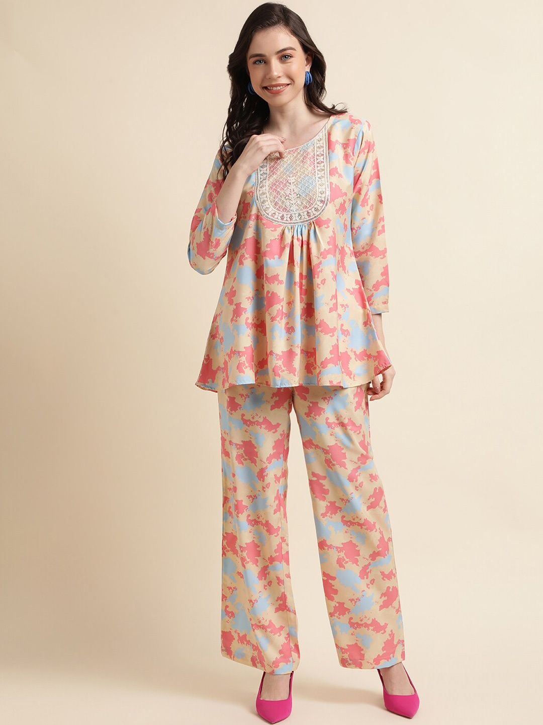 

HERE&NOW Abstract Printed Tunic With Trouser Co-Ords, Beige