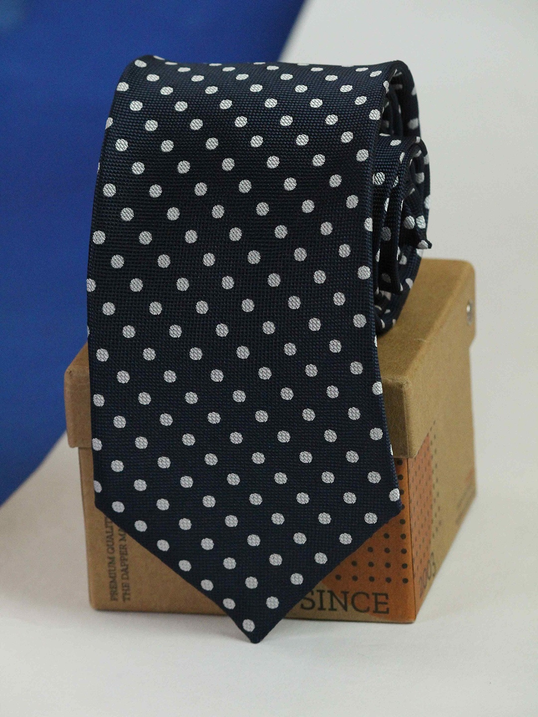 

Tossido Men Polka Dots Printed Broad Tie, Navy blue