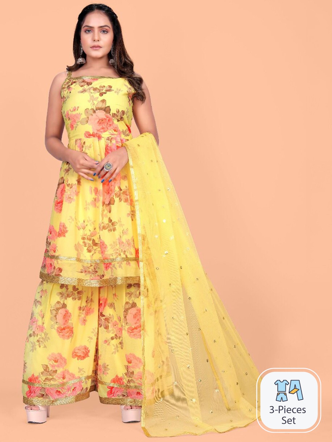 

KALINI Floral Printed Kurta With Sharara & Dupatta, Yellow