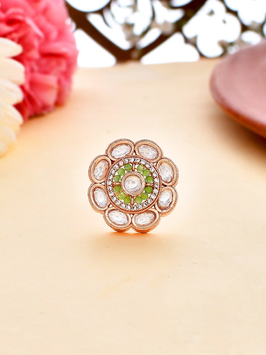 

Voylla Rose Gold-plated Kundan-studded & Beaded Adjustable Finger Ring