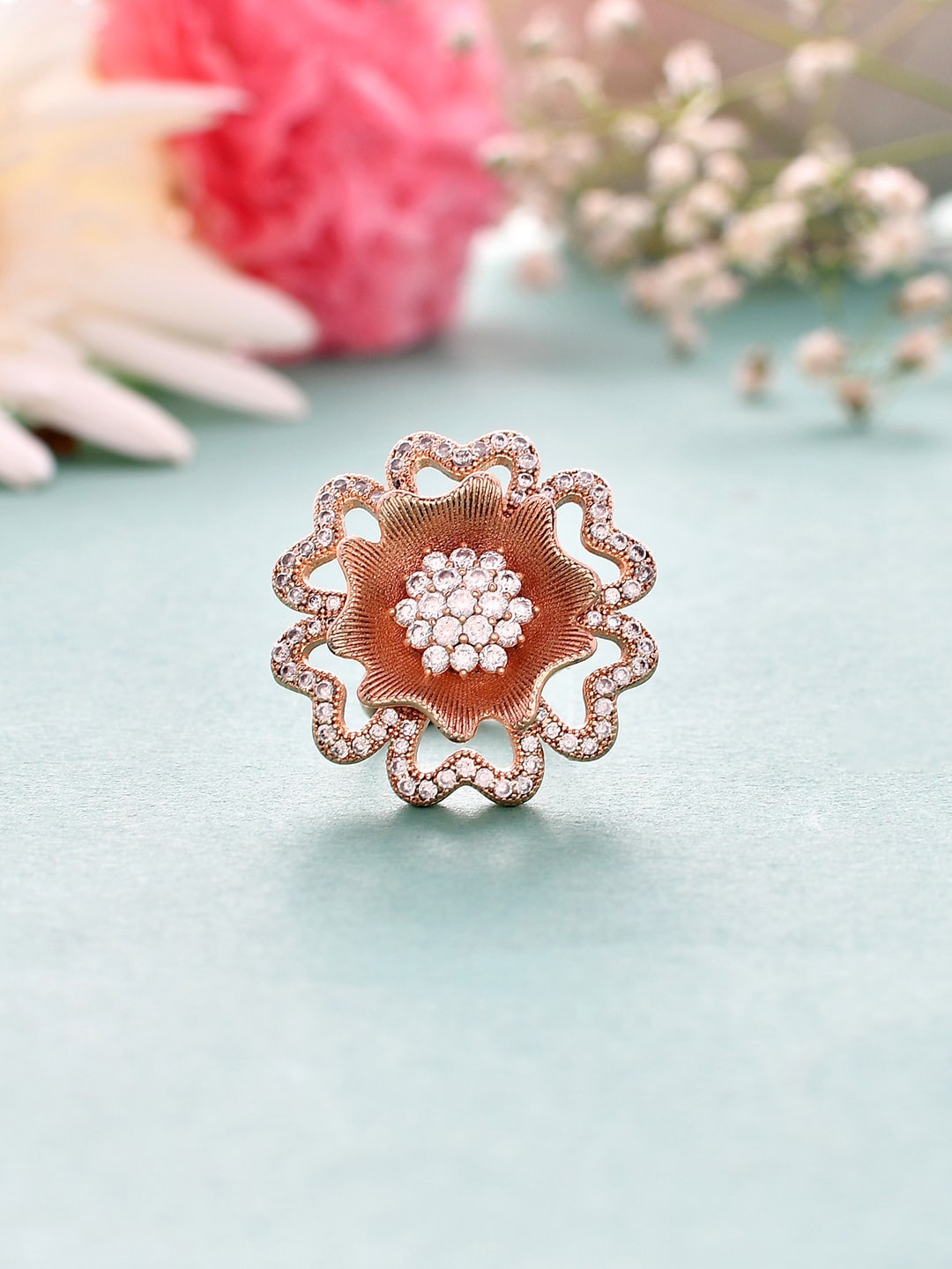

Voylla Rose Gold-plated CZ-studded Adjustable Finger Ring