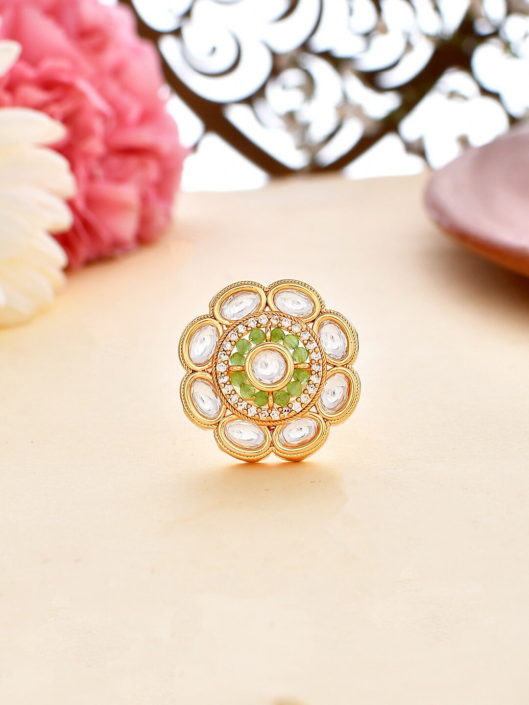 

Voylla Gold-plated Kundan-studded & Beaded Adjustable Finger Ring