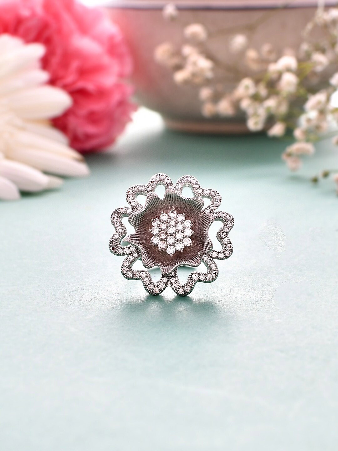 

Voylla Rhodium-plated CZ-studded Adjustable Finger Ring, Silver
