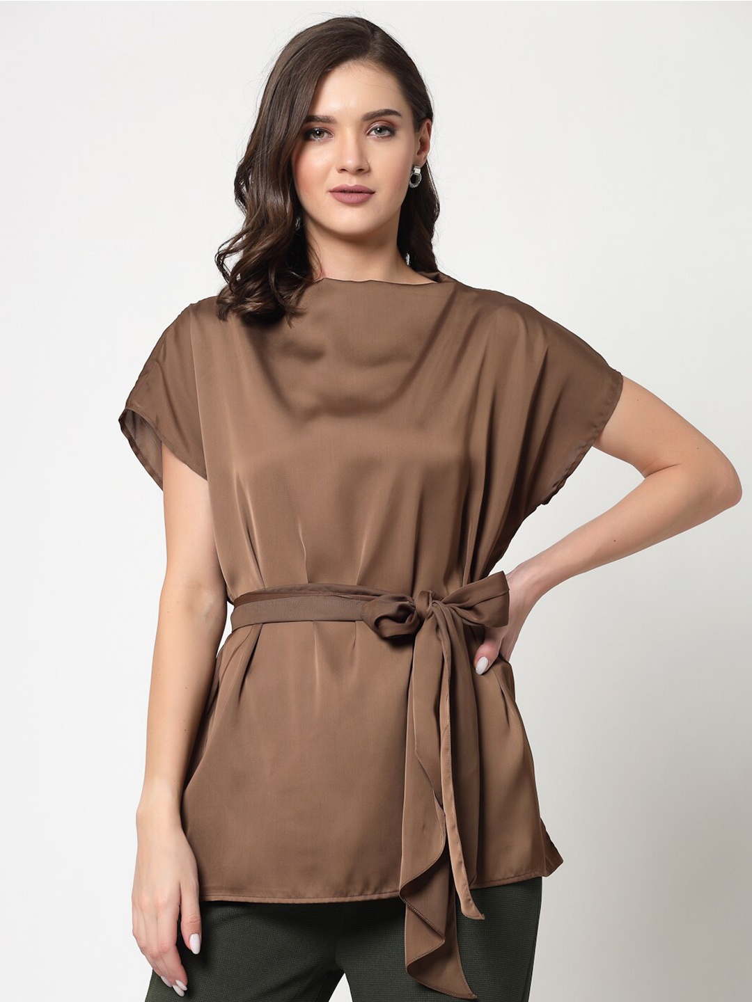 

OFFICE & YOU Boat Neck Extended Sleeves Longline Belted Satin Top, Brown