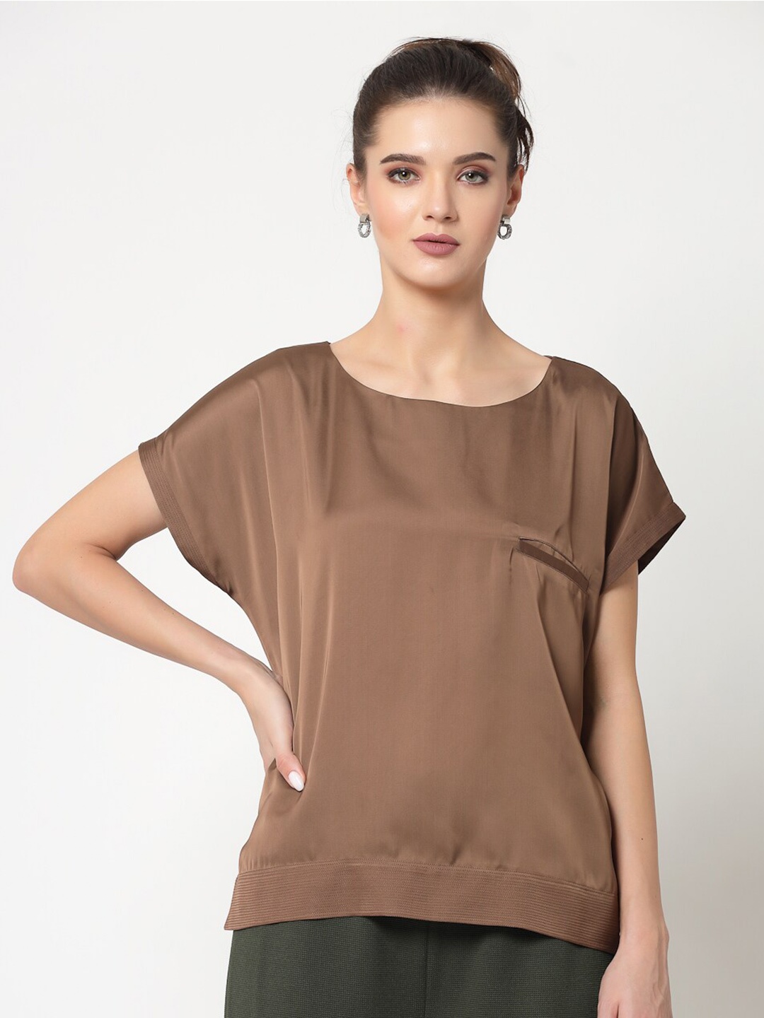 

OFFICE & YOU Extended Sleeves Pocket Detail Cotton Boxy Top, Brown