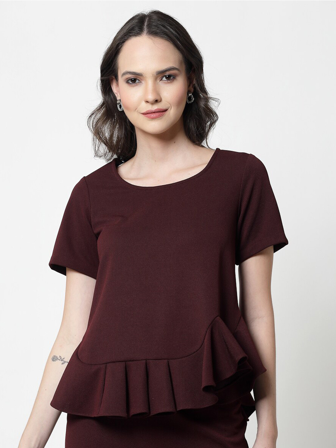 

OFFICE & YOU Round Neck Pleated Peplum Top, Maroon