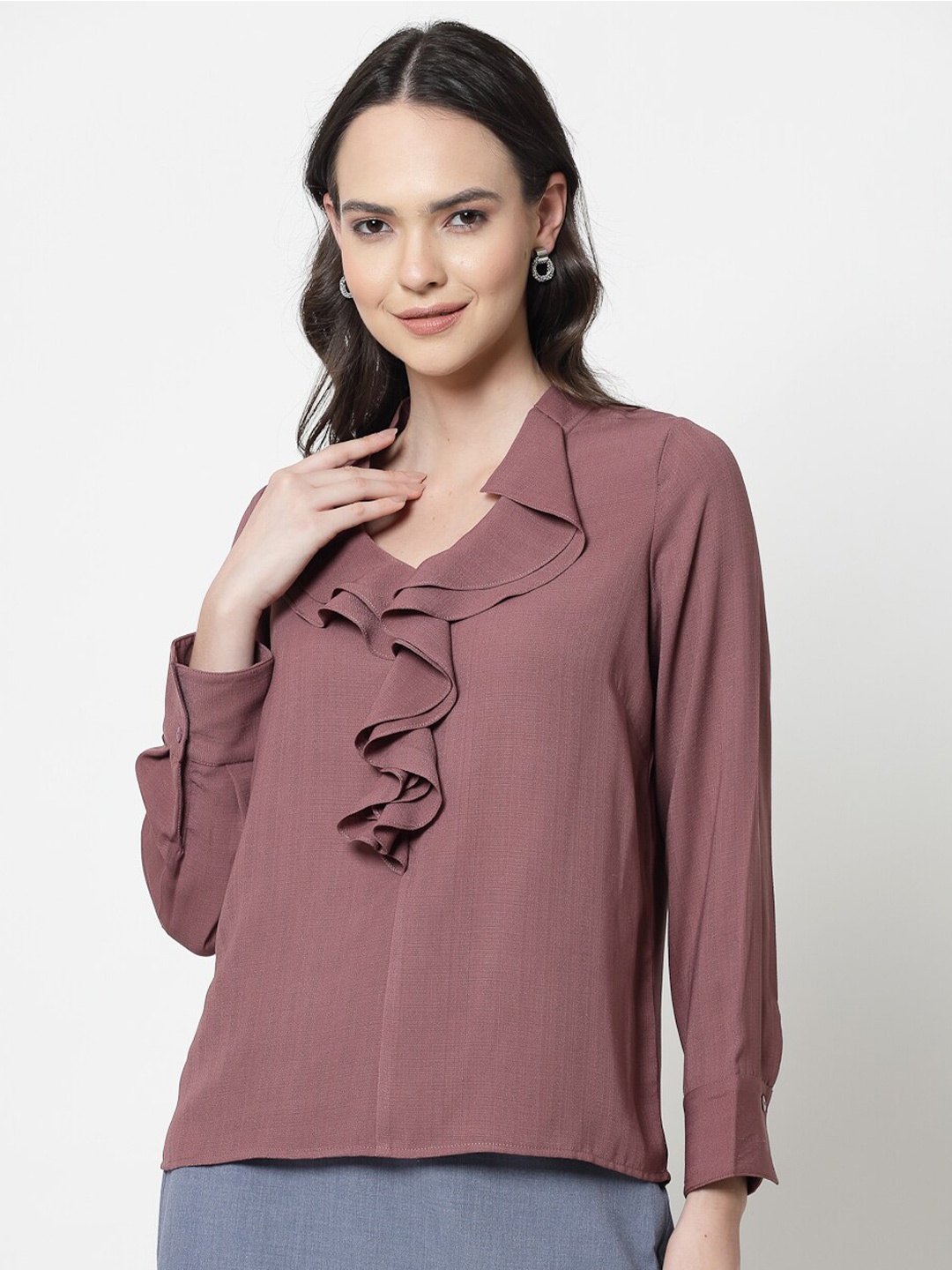 

OFFICE & YOU V-Neck Cuffed Sleeves Ruffled Top, Mauve