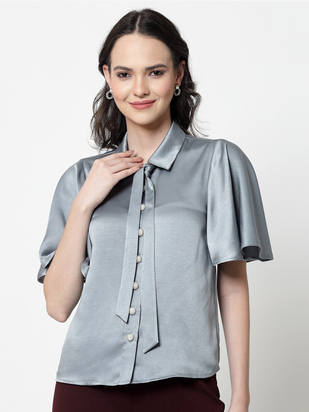 

OFFICE & YOU Flared Sleeves Tie-Up Detail Satin Shirt Style Top, Grey