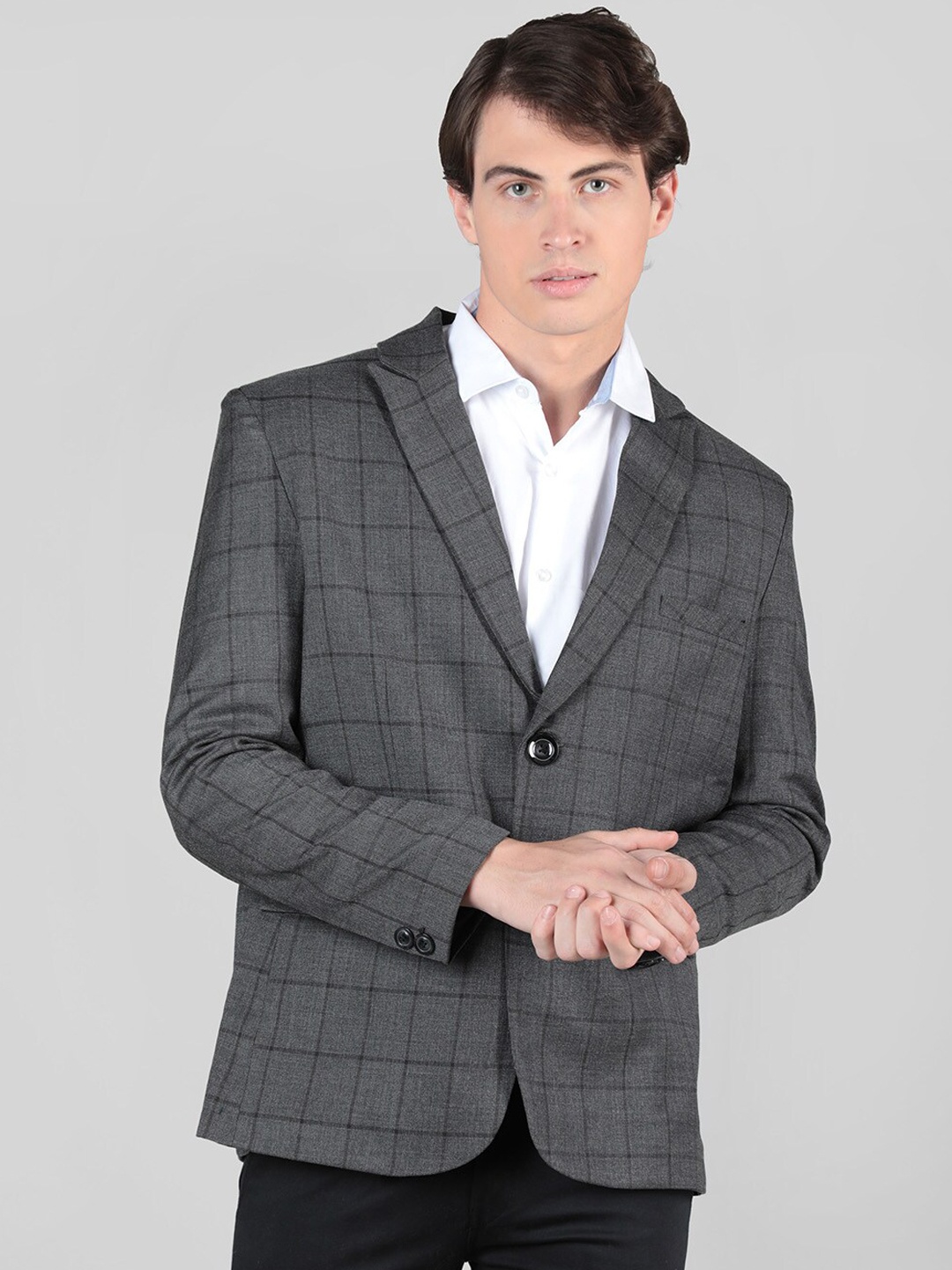 

CHKOKKO Checked Peaked Lapel Collar Single-Breasted Casual Blazer, Grey