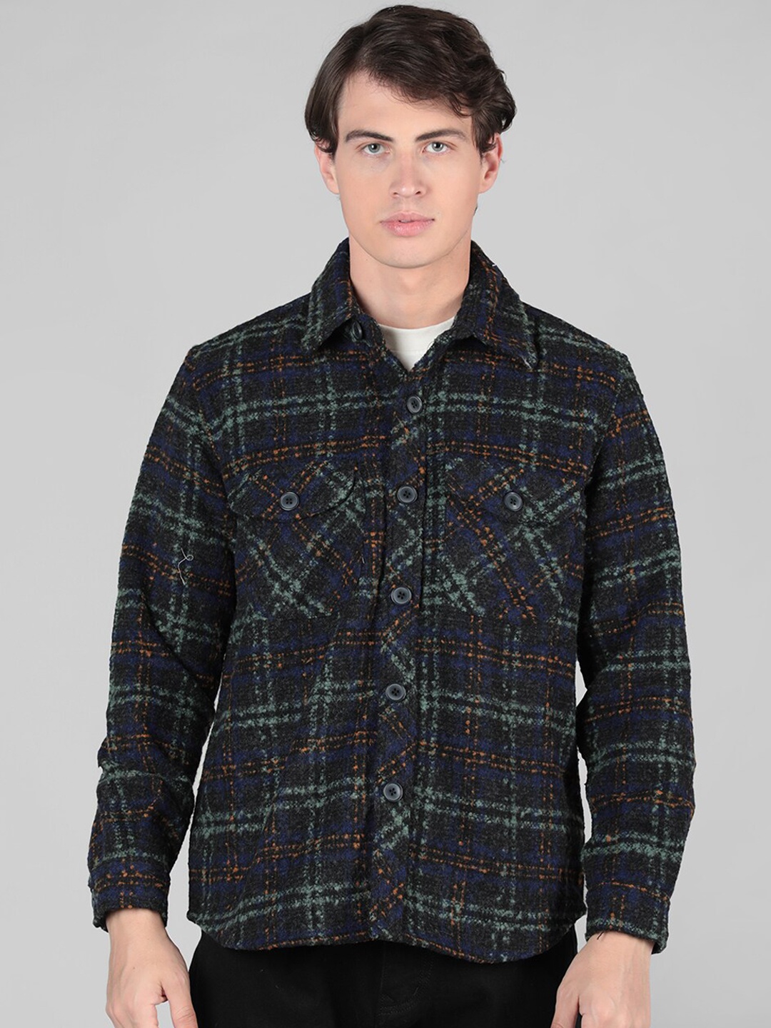 

CHKOKKO Tartan Checked Spread Collar Casual Shacket, Black