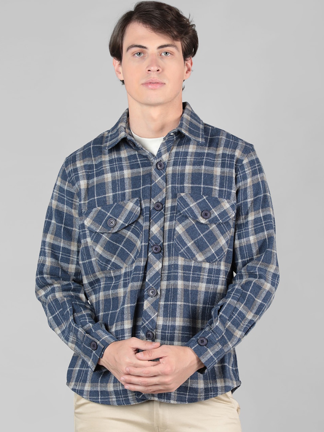 

CHKOKKO Tartan Checked Spread Collar Woollen Casual Shirt, Blue