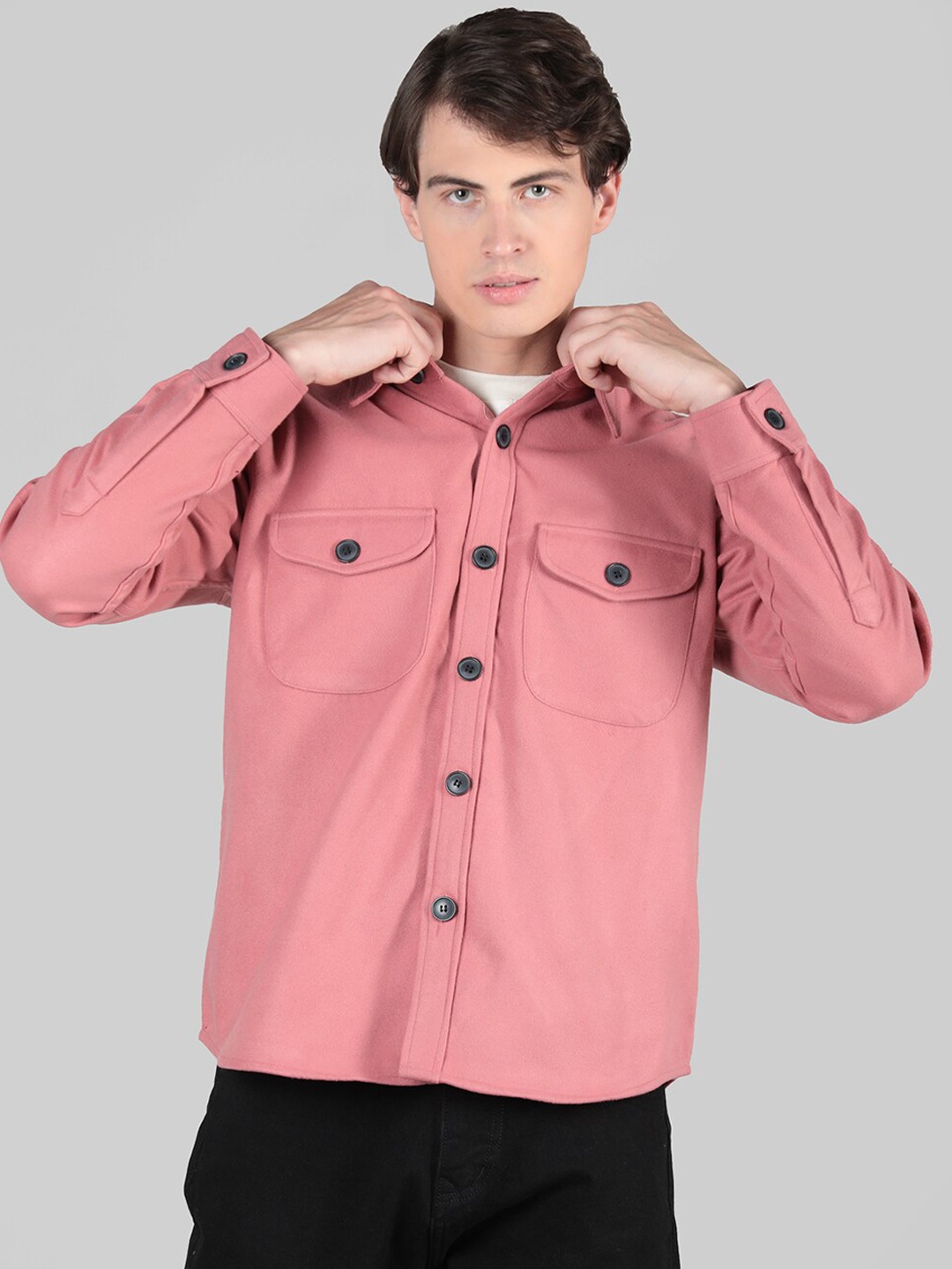 

CHKOKKO Spread Collar Cotton Shacket, Rose