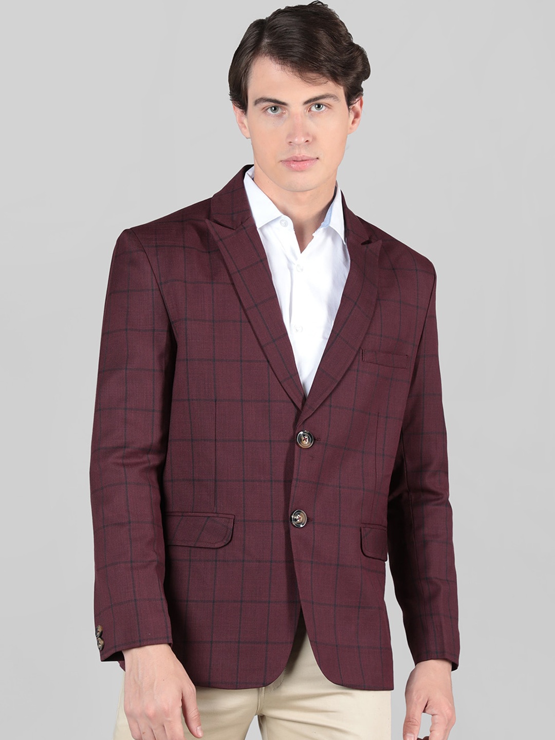

CHKOKKO Checked Peaked Lapel Collar Single-Breasted Casual Blazer, Maroon