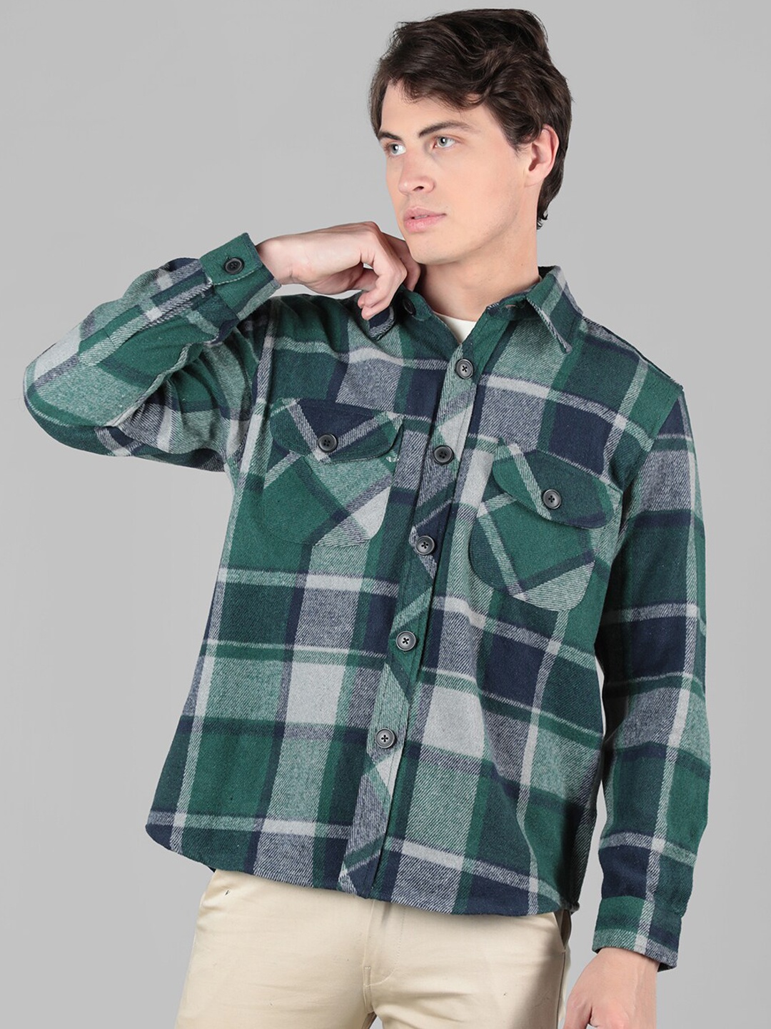 

CHKOKKO Opaque Checked Casual Shacket, Green