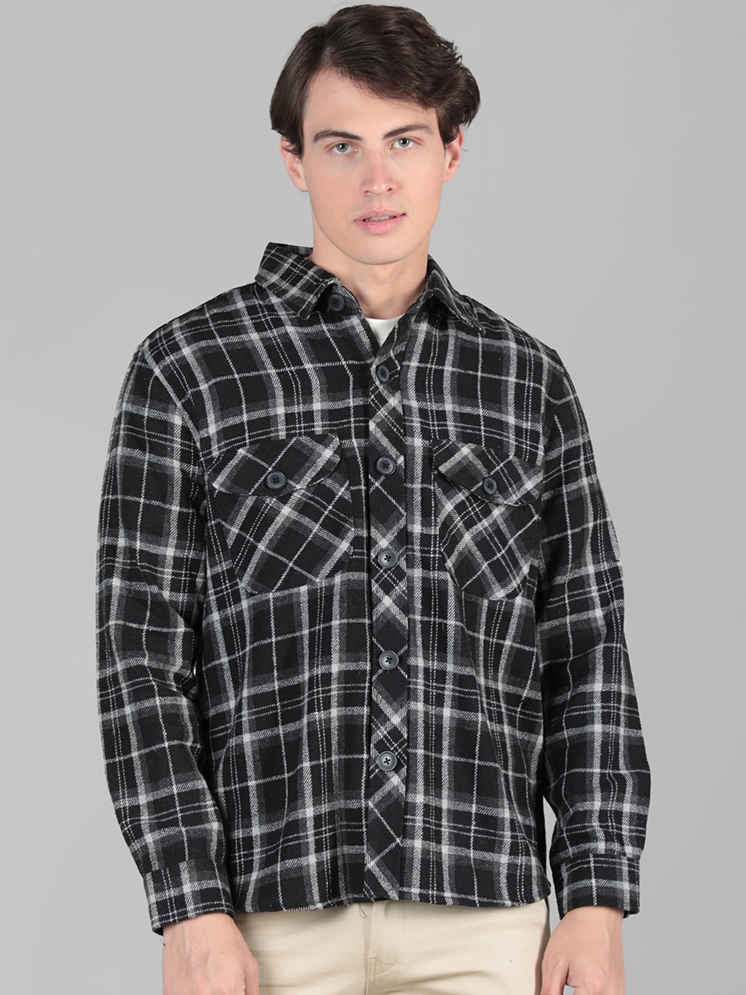 

CHKOKKO Checked Spread Collar Wool Shirt, Black