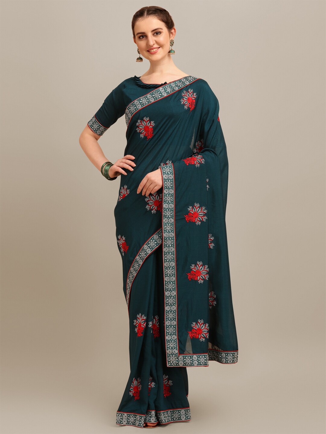 

Mitera Blue & Red Floral Embroidered Pure Silk Saree