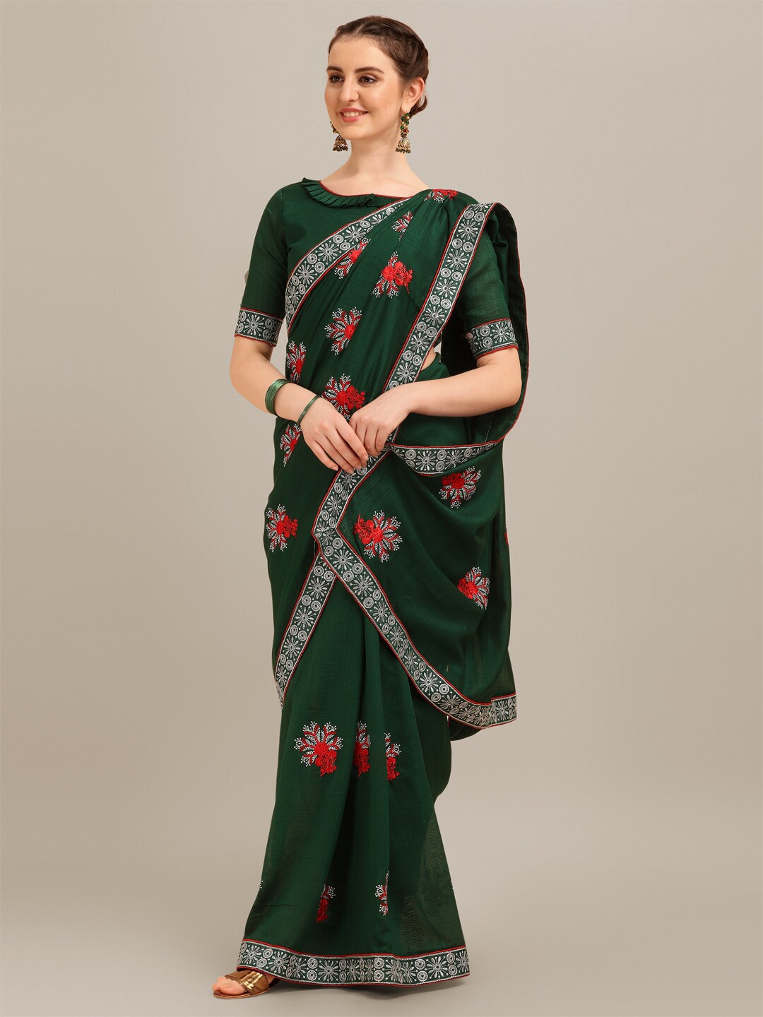 

Mitera Floral Embroidered Pure Silk Saree, Green