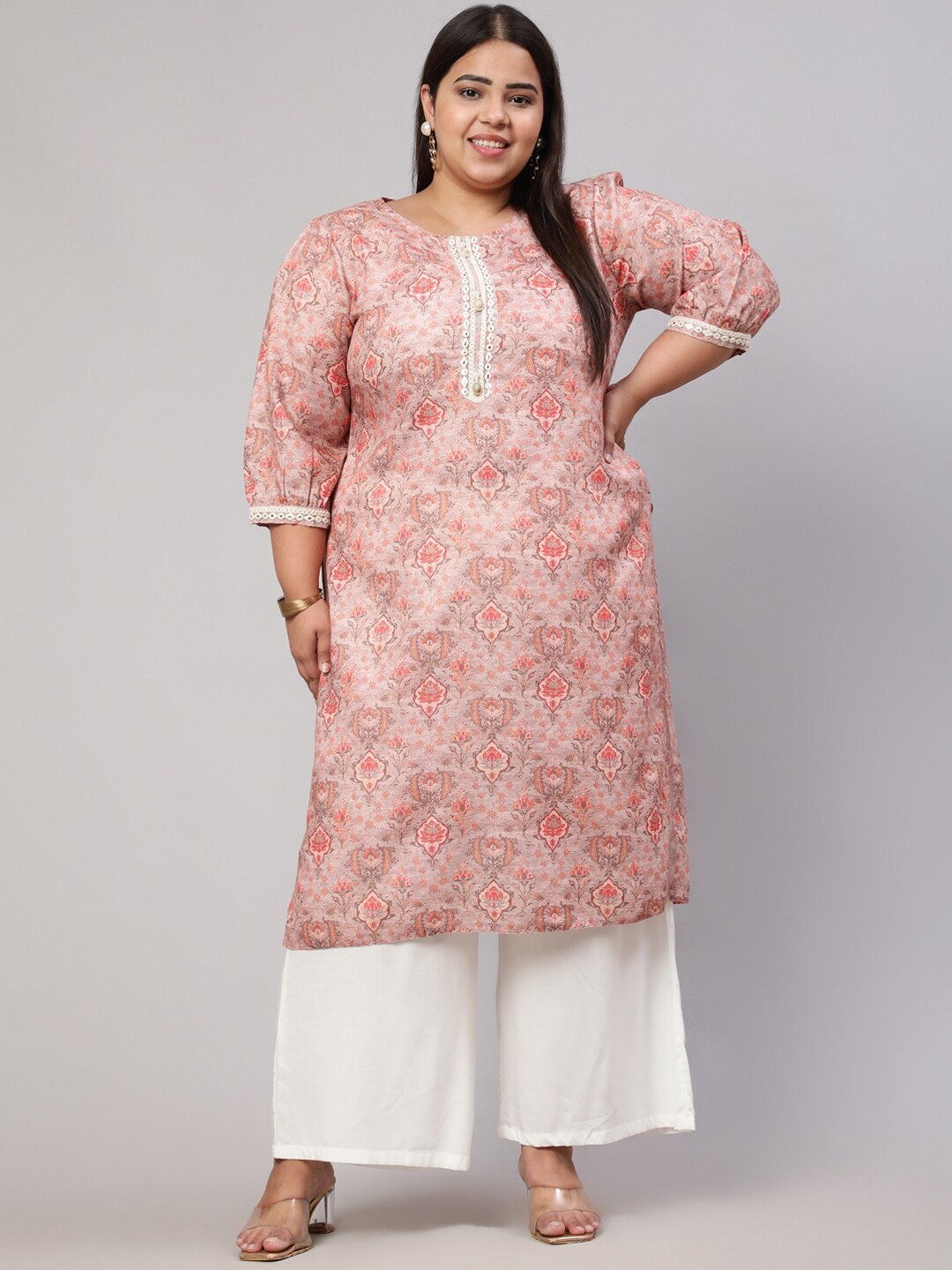 

Jaipur Kurti Plus Size Floral Printed Puff Sleeves Mirror Work Kurta, Peach