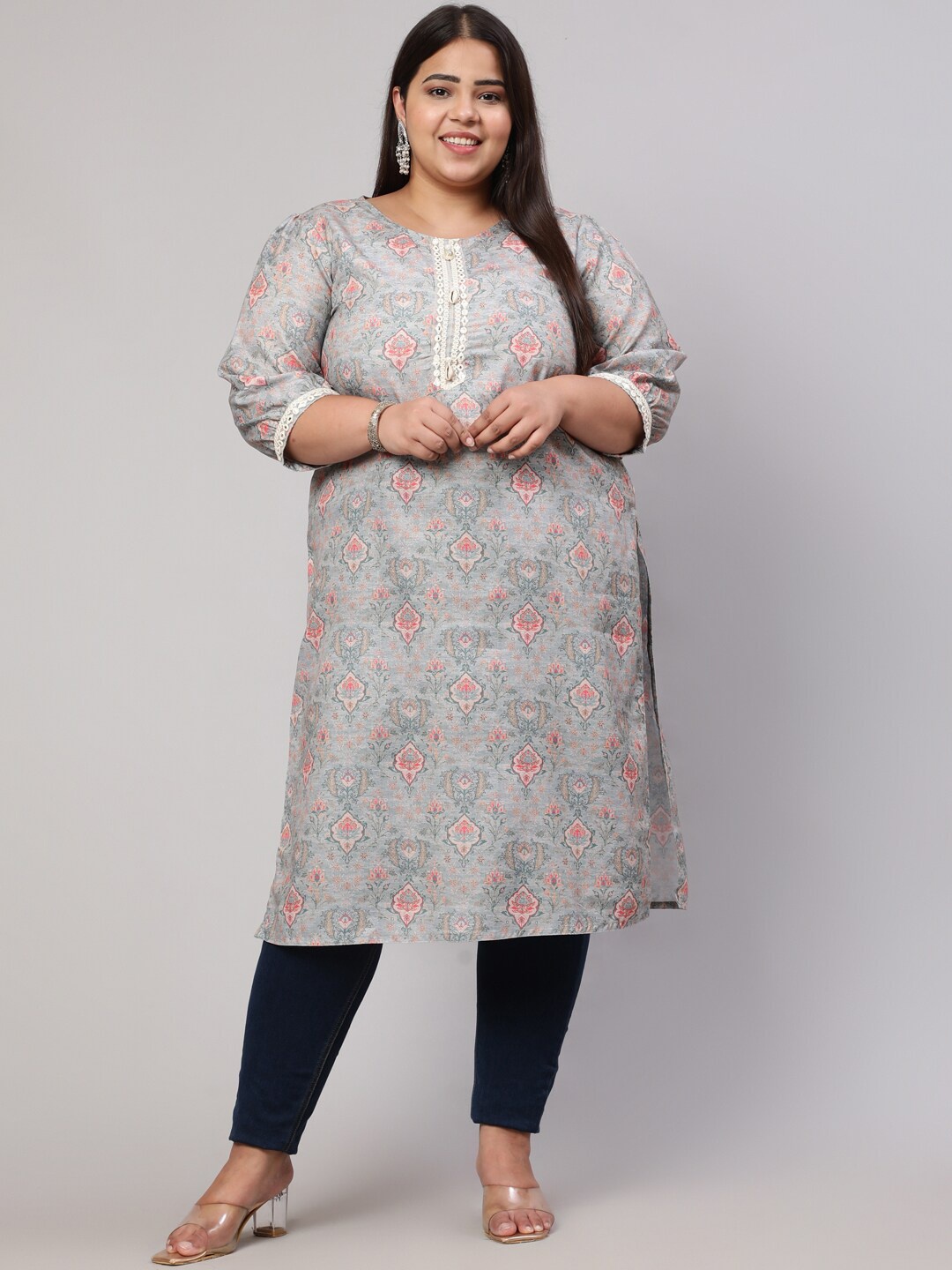 

Jaipur Kurti Plus Size Floral Printed Puff Sleeves Mirror Work Kurta, Grey