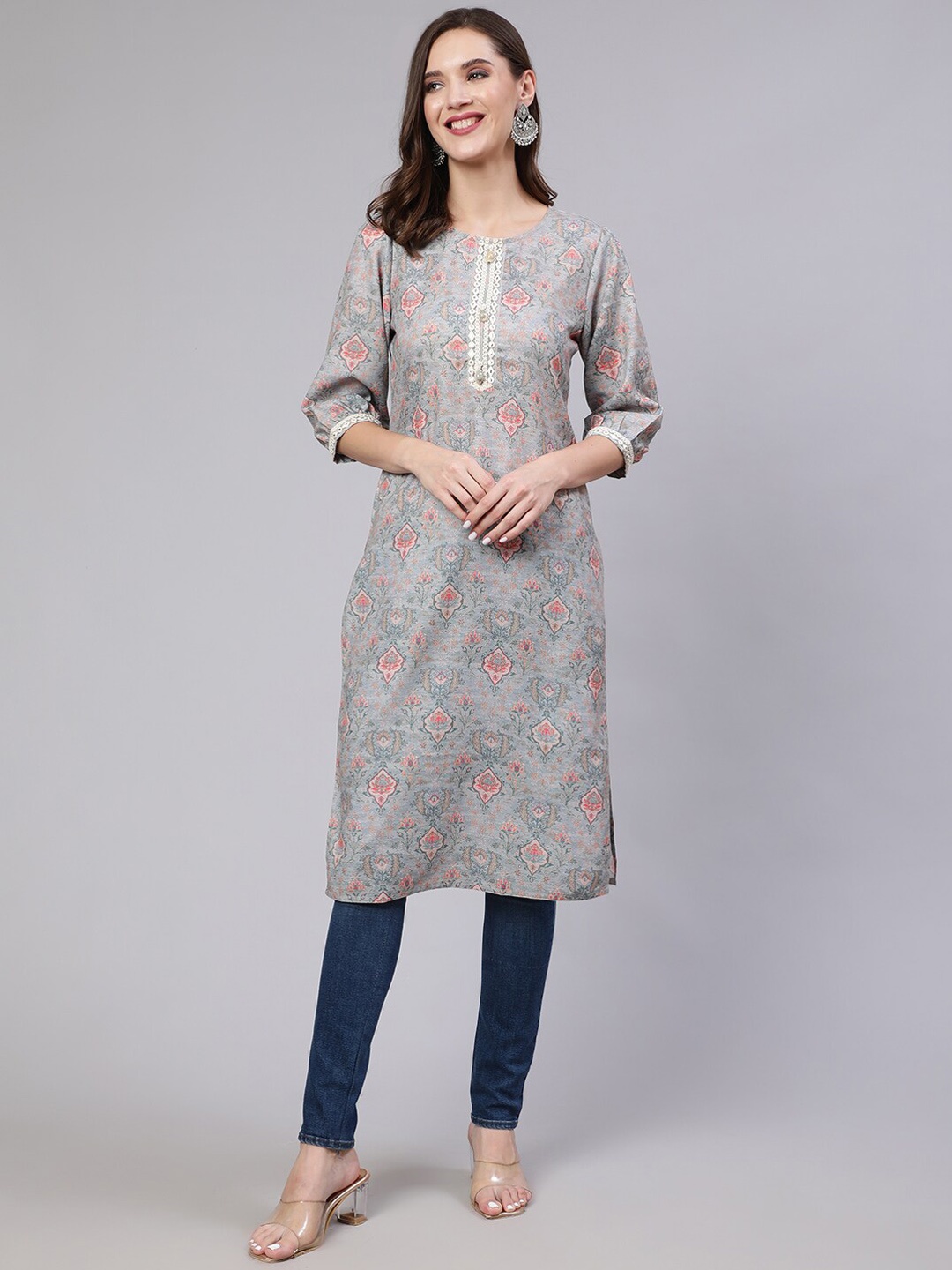 

Jaipur Kurti Floral Printed Puff Sleeves Mirror Work Kurta, Grey