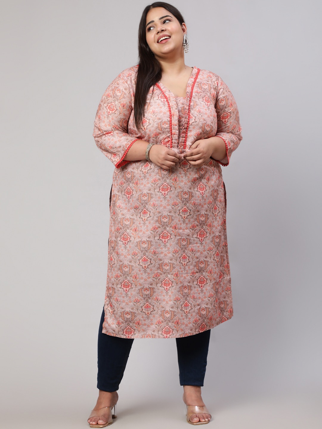 

Jaipur Kurti Plus Size Floral Printed V-Neck Kurta, Peach