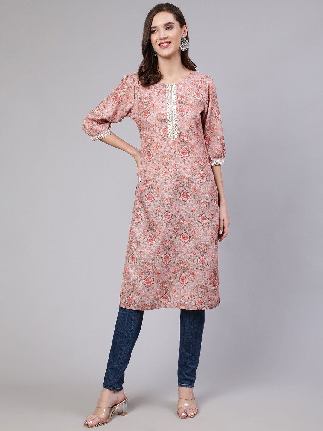 

Jaipur Kurti Floral Printed Puff Sleeves Mirror Work Kurta, Peach