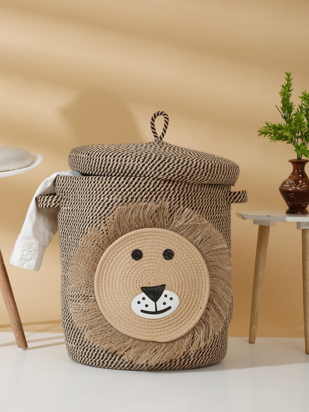 

Hosta Homes CamelBrown Cartoon Face-Patterned Multi-Purpose Hamper Laundry Bag With Cover, Camel brown