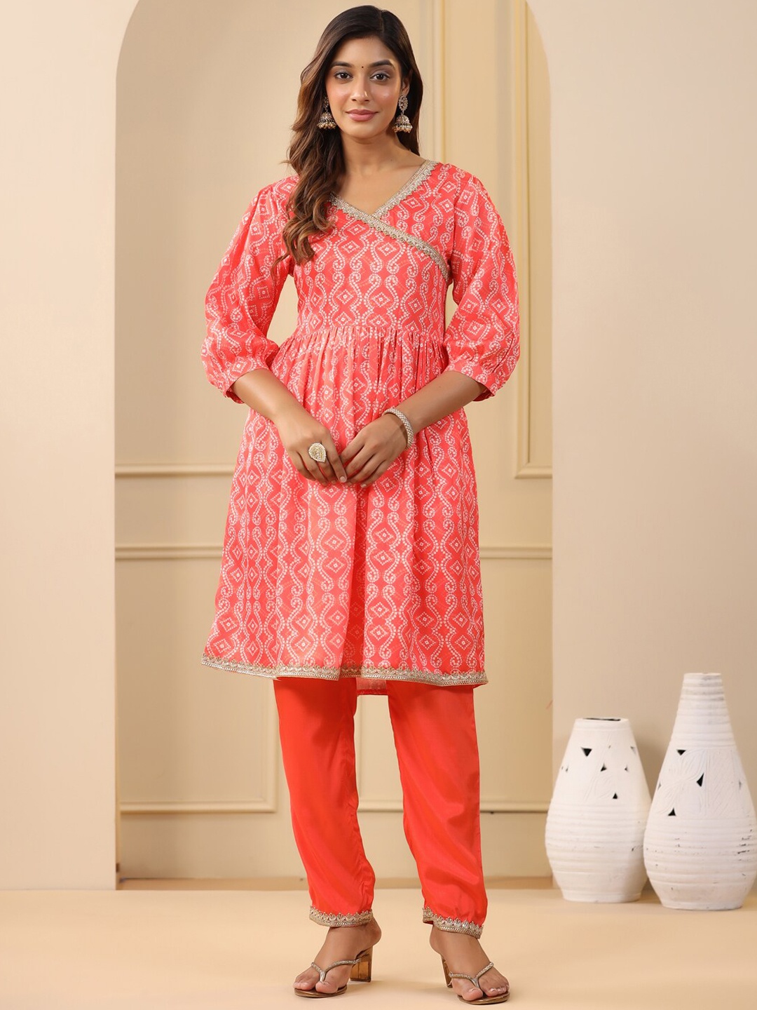 

Jaipur Kurti Bandhani Printed Angrakha Gotta Patti Kurta with Trousers, Orange