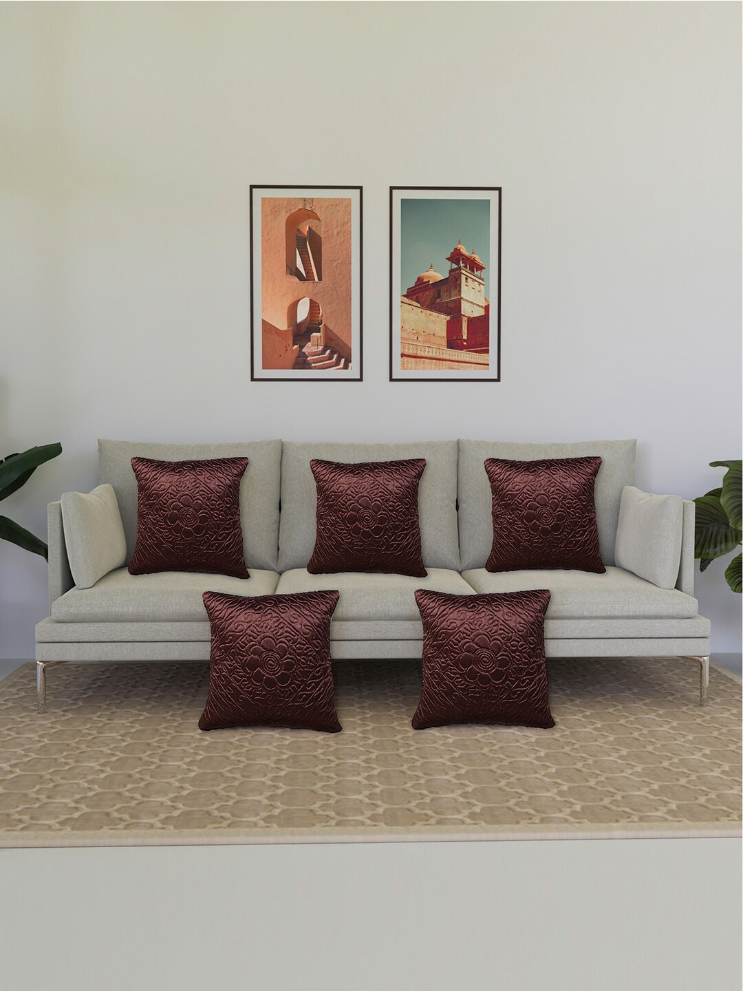 

Kuber Industries 5 Pieces Brown Ethnic Motifs Satin Square Cushion Covers
