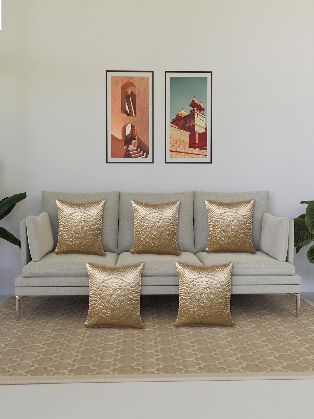 

Kuber Industries Cream-Coloured 5 Pieces Ethnic Motifs Satin Square Cushion Covers