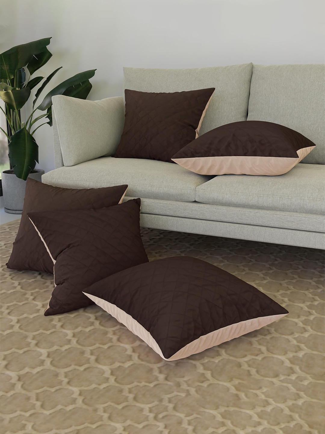 

Kuber Industries Set of 5 Brown Cream-Coloured Cotton Square Cushion Covers