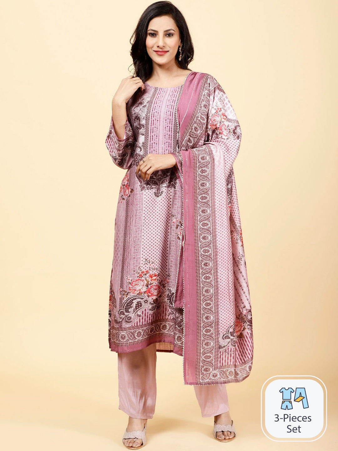 

Meena Bazaar Floral Printed Regular Kurta with Trousers & With Dupatta, Pink