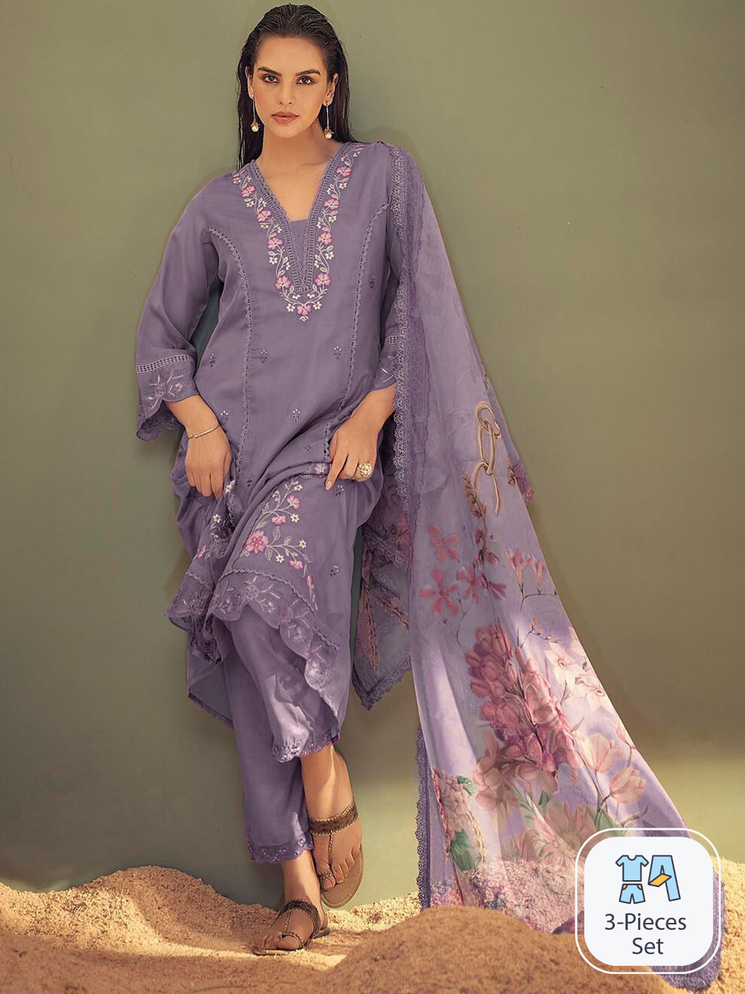 

Meena Bazaar Floral Embroidered Thread Work Kurta With Trousers & Dupatta, Lavender