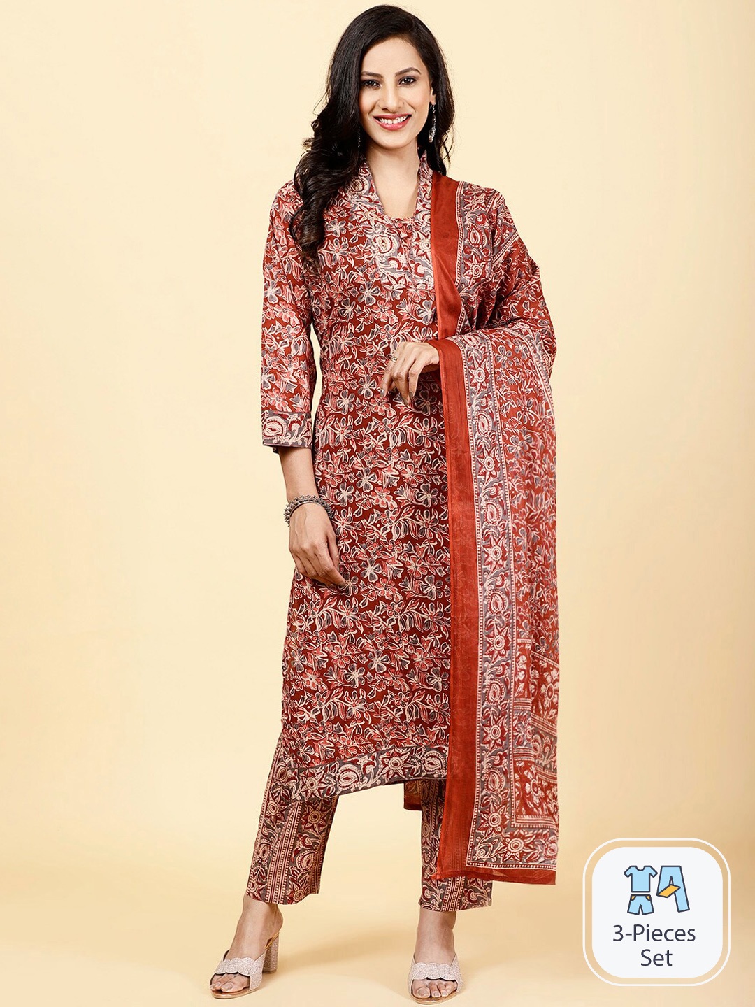 

Meena Bazaar Floral Printed V-Neck Kurta with Trousers & With Dupatta, Maroon
