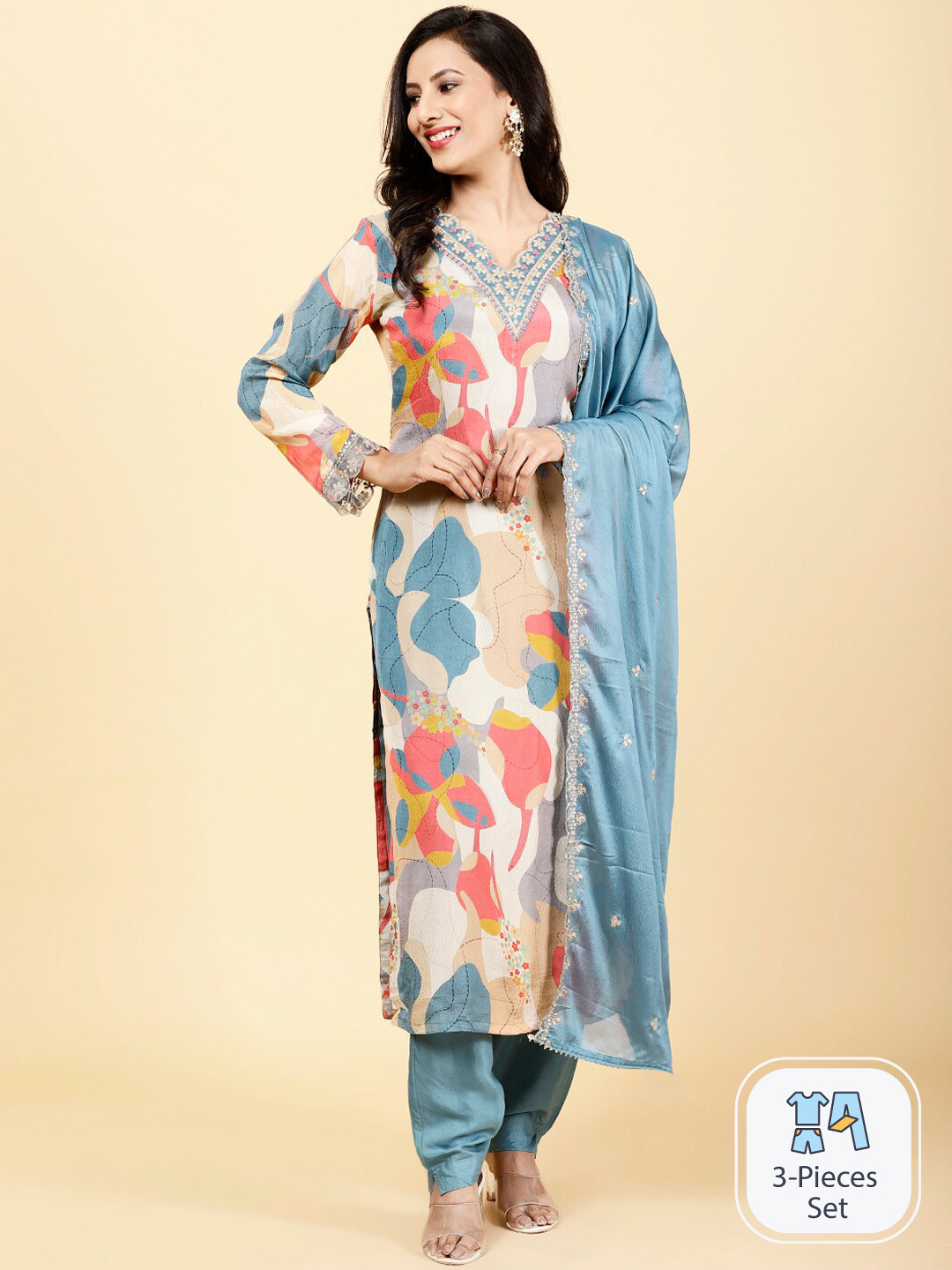 

Meena Bazaar Abstract Printed V-Neck Thread Work Kurta with Trousers & With Dupatta, Pink