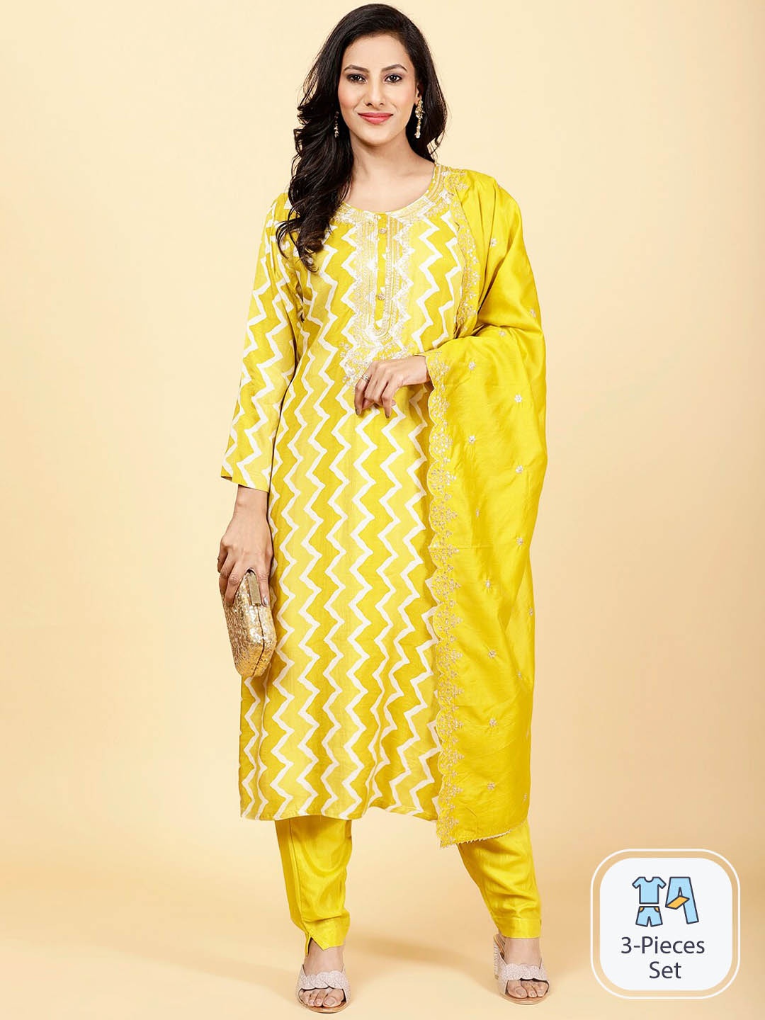 

Meena Bazaar Chevron Printed Kurta With Trousers & Dupatta, Yellow