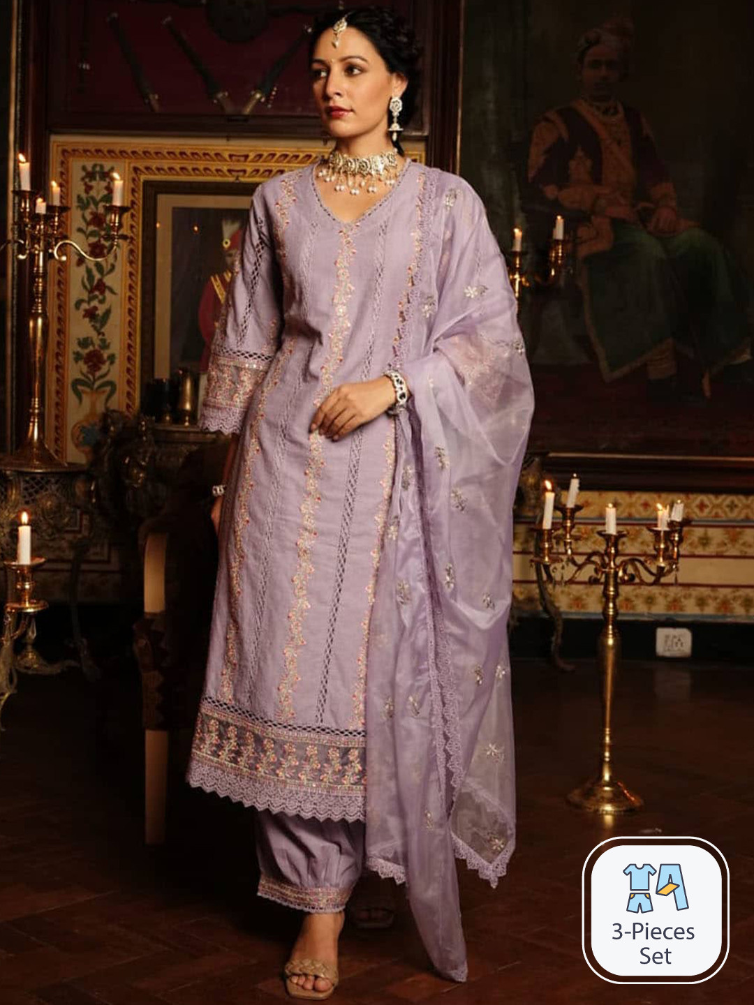 

Meena Bazaar Ethnic Motifs Embroidered Thread Work Kurta With Trousers & Dupatta, Purple