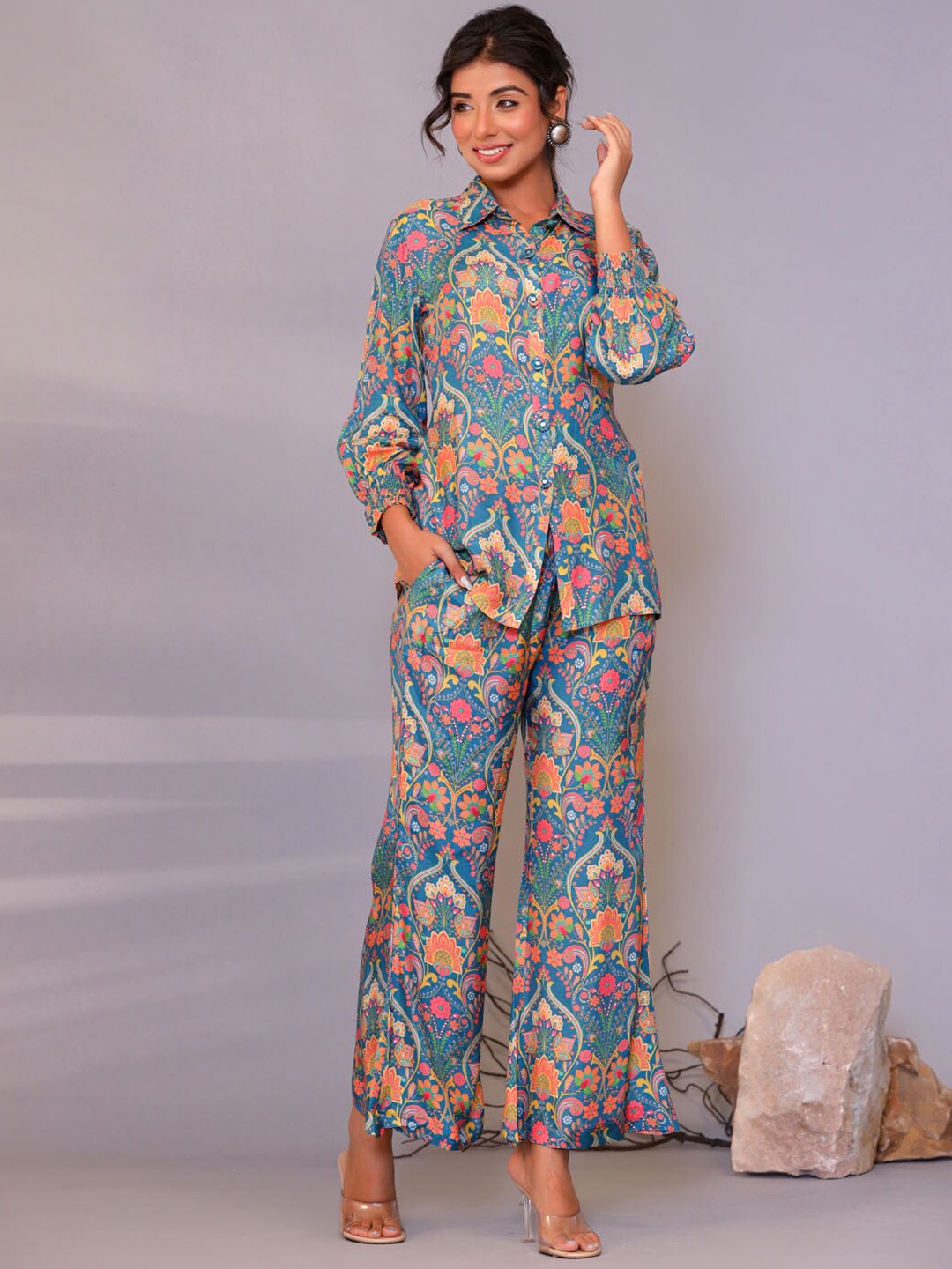 

Meena Bazaar Floral Printed Muslin Shirt & Trousers, Sea green