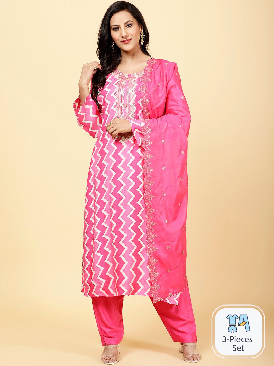 

Meena Bazaar Chevron Printed Kurta With Trousers & Dupatta, Pink