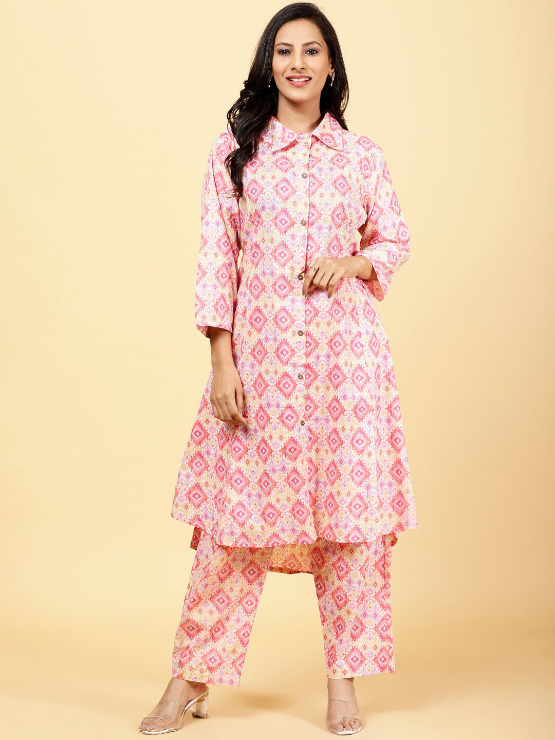 

Meena Bazaar Ethnic Motifs Printed Pure Cotton Shirt Collar Kurta With Trousers, Pink