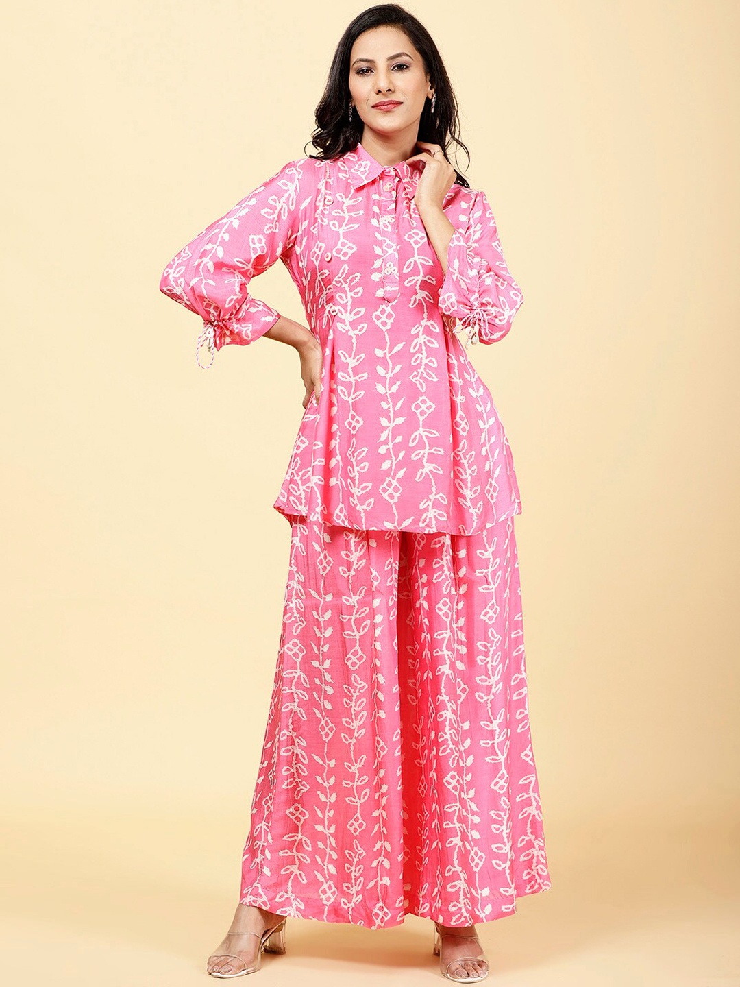 

Meena Bazaar Floral Printed Shirt Collar A-Line Kurti With Palazzos, Pink
