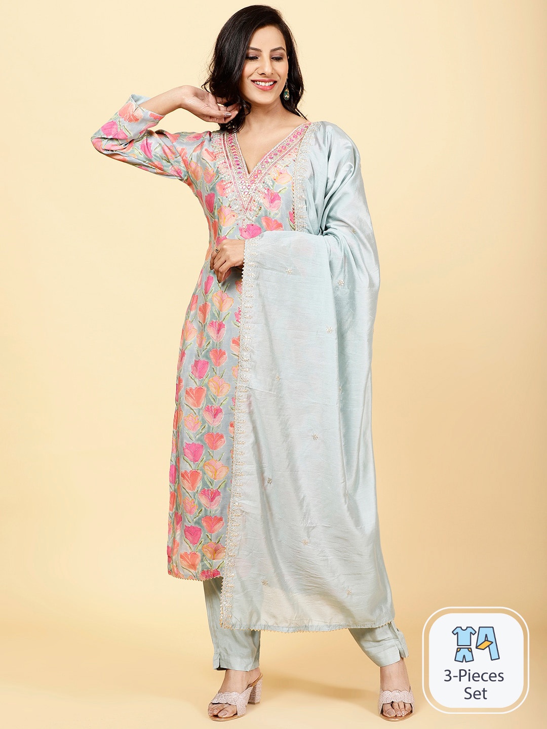 

Meena Bazaar Floral Printed V-Neck Kurta with Trousers & With Dupatta, Sea green