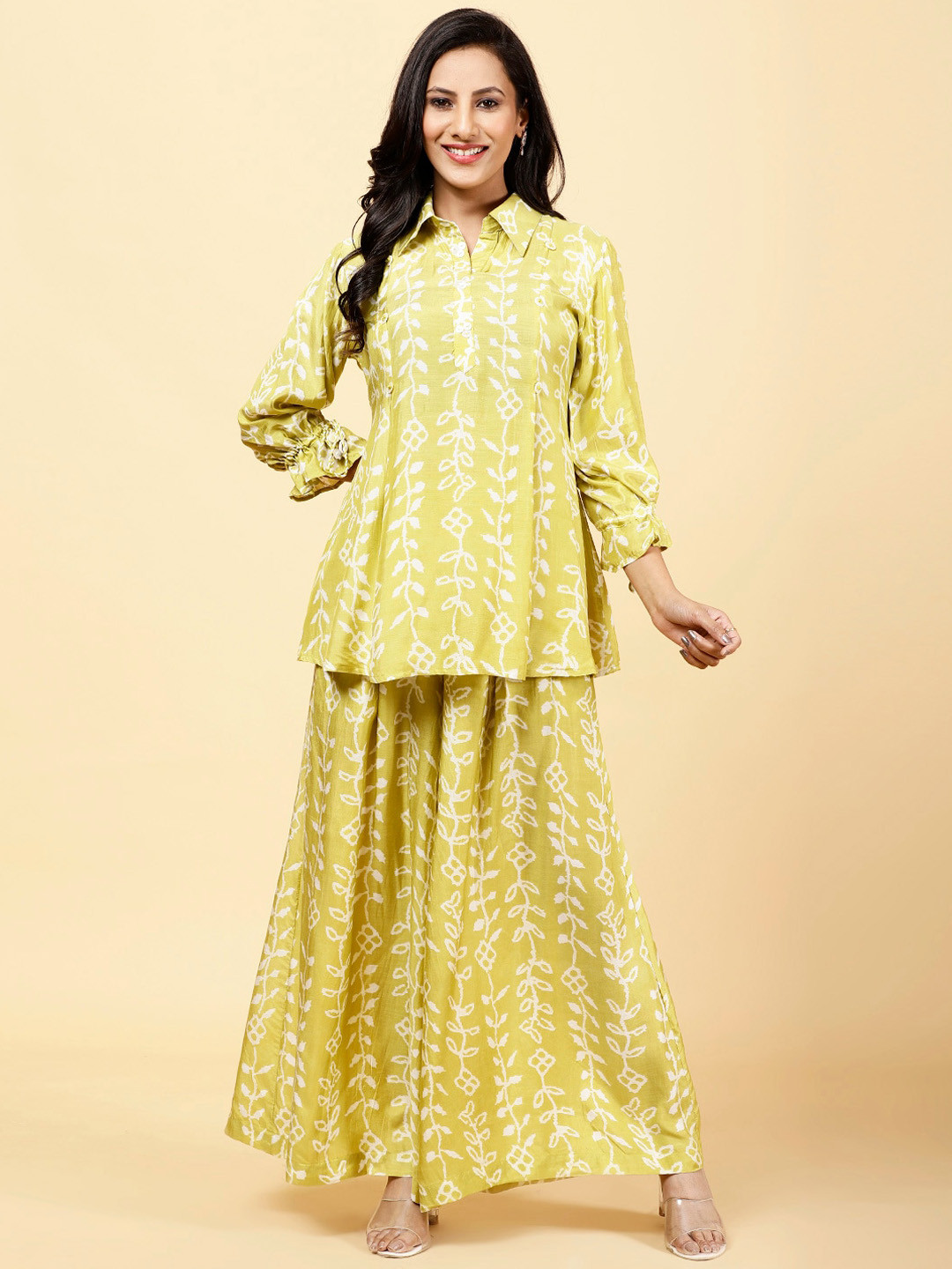 

Meena Bazaar Floral Printed Top With Palazzos, Yellow