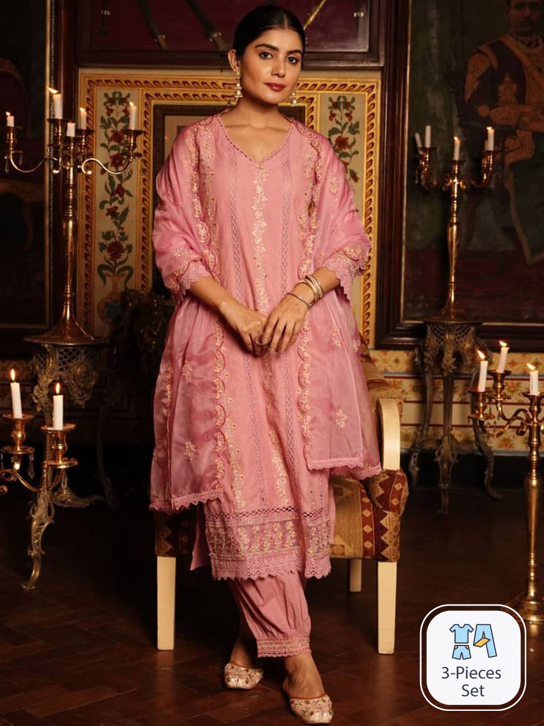 

Meena Bazaar Ethnic Motifs Embroidered Kurta With Patiala & Dupatta, Pink