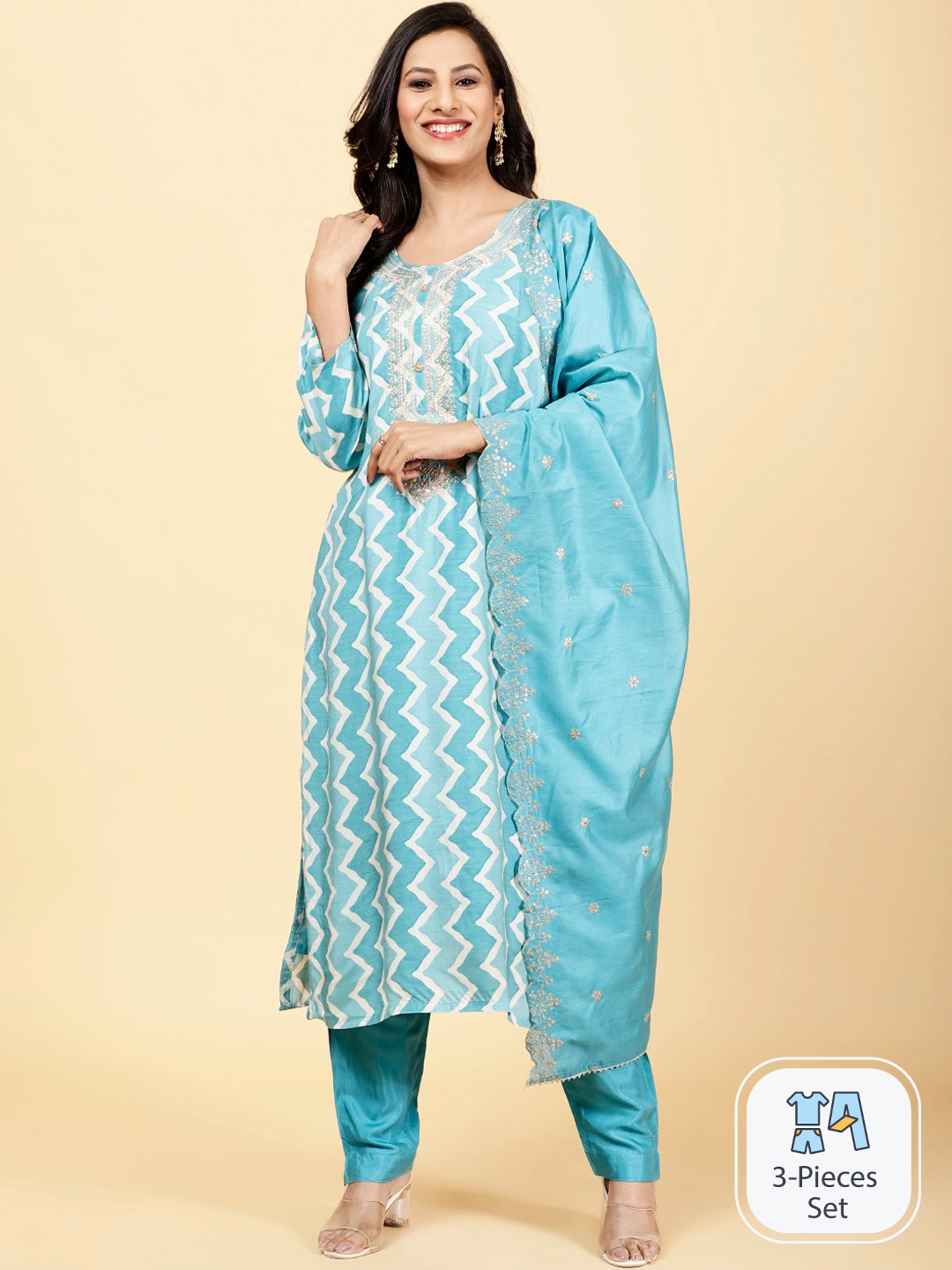 

Meena Bazaar Geometric Printed Regular Kurta with Trousers & With Dupatta, Blue
