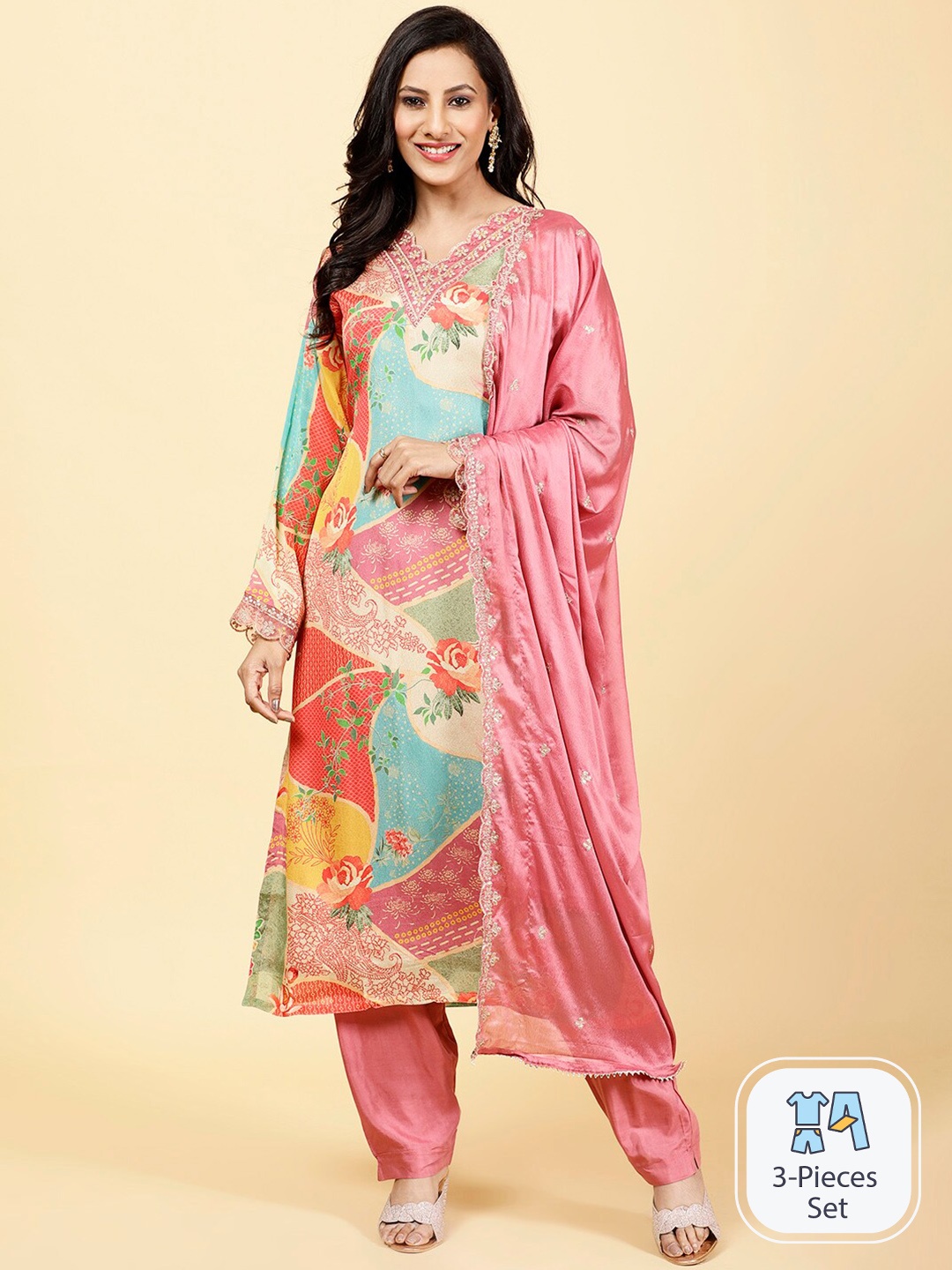

Meena Bazaar Floral Printed V-Neck Kurta With Trousers & Dupatta, Pink