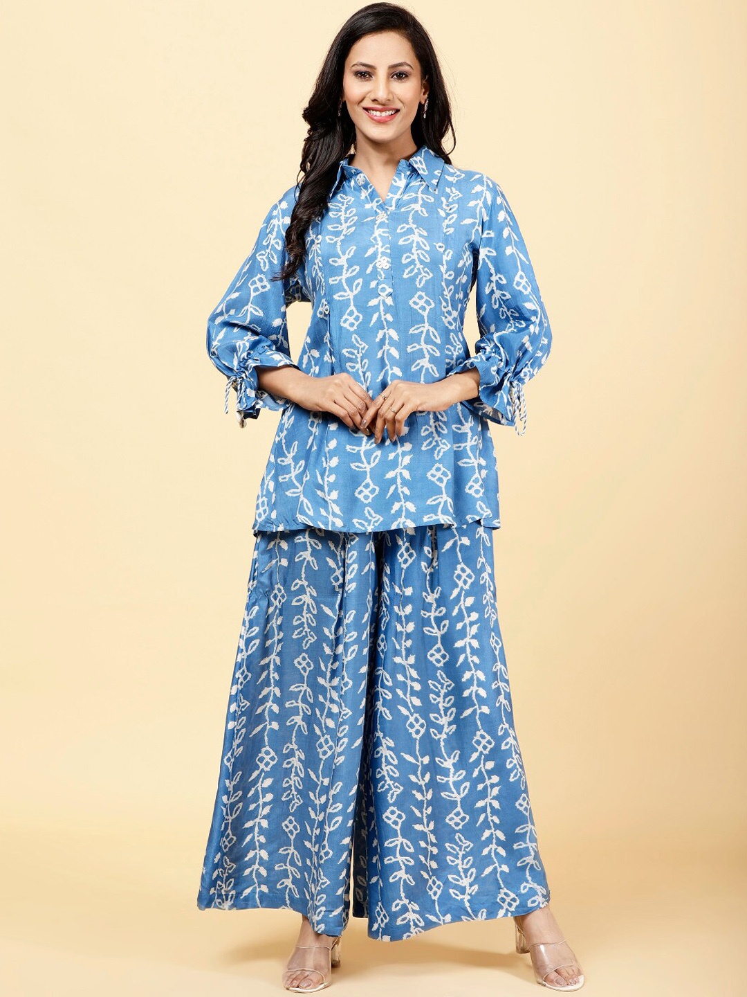 

Meena Bazaar Floral Printed Top With Palazzos, Blue