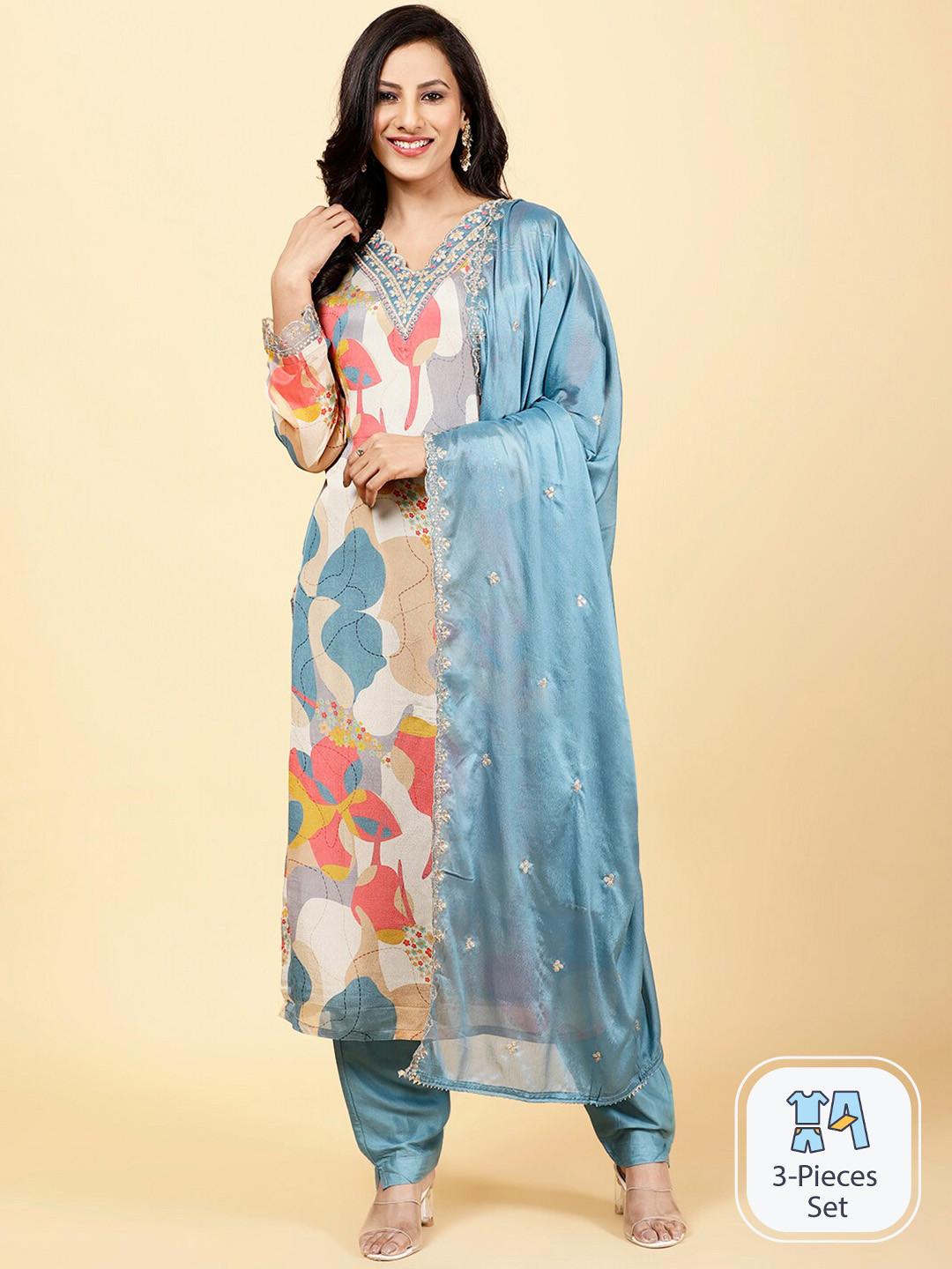 

Meena Bazaar Floral Printed V-Neck Kurta With Trousers & Dupatta, Grey